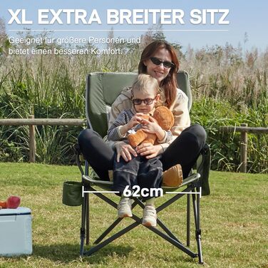 Складаний кемпінговий стілець EVER ADVANCED, вантажопідйомність 230 кг, XL-розмір, ширина сидіння 62 см з бічною кишенею та тримачем для напоїв, великий складний стілець, рибальський стілець для кемпінгу, використання на вулиці, балкон, сад, зелений, клас