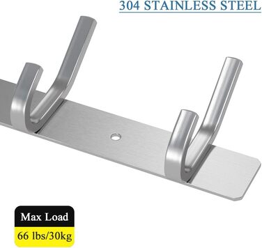 Гачок-рейка з нержавіючої сталі гачки для одягу матовий вигляд подвійні гачки до 30 кг вантажопідйомність гачки (срібло, 6 гачків)