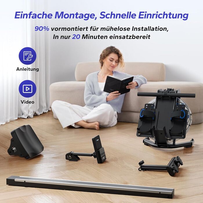 Водний гребний тренажер MERACH для домашнього використання, гребний тренажер з водонепроникністю 15 л, підключенням Bluetooth та додатків, тримачем для iPad, ергономічним сидінням, компактним вертикальним зберіганням, водний гребний тренажер 45