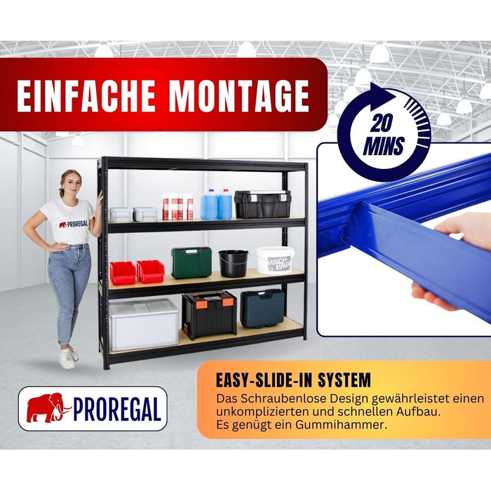 Надміцний стелаж Dino Extra Wide 180x200x45 см, Вантажопідйомність полиці 500 кг, Чорний, Гаражні стелажі, Стелажі для зберігання, Безболтові стелажі, Широкопролітний стелаж 180x200x45 см Чорний Панелі МДФ 6,5 мм