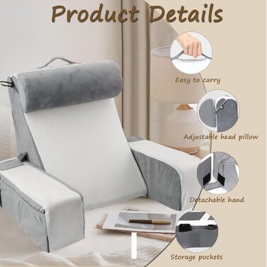 Подушка для читання на ліжку та дивані, подушка для спини, подушка для відпочинку на ліжку зі знімним валиком для шиї та підлокітниками, ергономічна подушка для спини/голови для читання, перегляду телевізора, сидіння та лежання