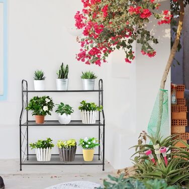 Металева підставка для рослин Bomblap, 3-рівнева підставка для рослин, тримач для квіткових горщиків для зовнішнього використання, балкону, саду, багатофункціональна підставка для квітів великої місткості, чорна