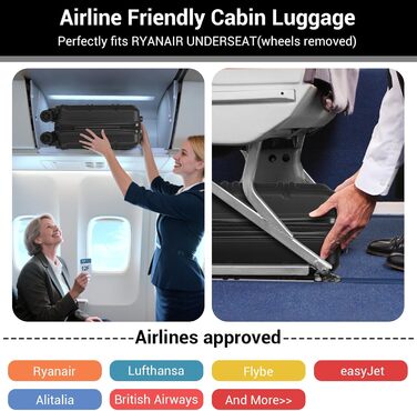 Компактний ручний багаж KONO з від'ємними колесами, 40x30x20 см (без коліс). Легкий борт-валіза з ABSPC для Ryanair, EasyJet & Eurowings (Чорний) 40x30x20 см - Ryanair Чорний