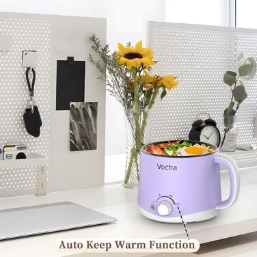 Електрична гаряча каструля Vocha, маленька каструля 1,6 л з функцією підтримки тепла, портативна каструля для швидкого супу, мультиварка для супу/рамену/макаронів/вівсянки/яєць, з подвійною потужністю (фіолетова)