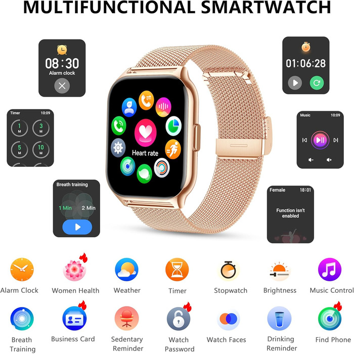 Розумний годинник для чоловіків та жінок, 2,01-дюймовий фітнес-трекер з функцією телефону/голосового помічника/нагадування про повідомлення, фітнес-годинник з монітором серцевого ритму та сну (рожеве золото, метал рожевий силікон) Рожеве золото рожевий