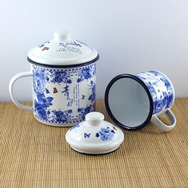 Емальована кружка 500 мл з кришкою та ручкою, синя вінтажна чайна кружка з товстої, безпечної для харчових продуктів емалі для дому, кемпінгу та використання на природі