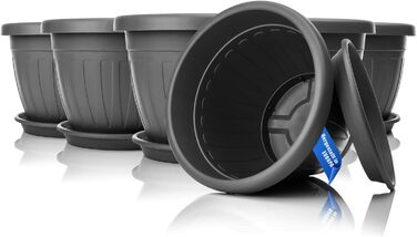 Квітковий горщик BigDean 6 шт. з блюдцем, круглий ø28xH20 см, антрацит - всепогодний горщик - водовідвідний, стійкий до ультрафіолету, виготовлений з ударостійкого пластику - підходить для використання в приміщенні та на вулиці - зроблено в Європі, антрац