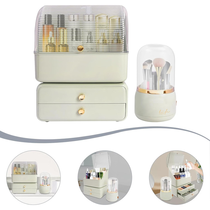 Органайзер для косметики JAYEUW Косметична коробка Косметична коробка для губної помади Коробка для зберігання з пилонепроникною кришкою, поворотний на 360 тримач для щіток і 2 ярусні ящики зеленого кольору