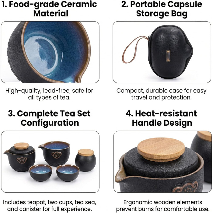 Китайський чайний набір Кунг-Фу, кераміка чайник, баночка для чаю, 2 чашки та зручна сумка для транспортування. Ідеально підходить для дому, офісу, пікніків та щоденного використання.