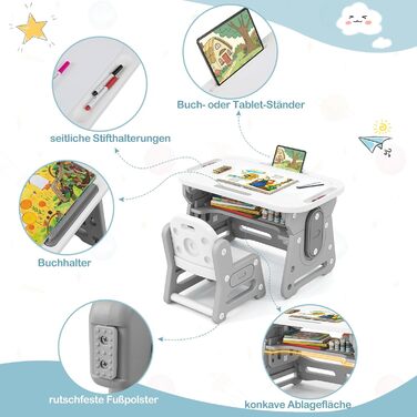 Дитячий стіл та стілець з регульованою висотою, дошкою для малювання та відділенням для зберігання, художній стіл/стіл для учнів з нековзними ніжками, для дітей від 3 років (сірий)