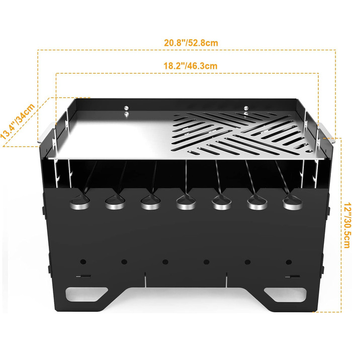 Мобільний вугільний гриль Onlyfire Mangal Шашлик-гриль з планкою та 7 шампурами, портативний вугільний гриль 2 в 1 - ідеально підходить для шашлику, кебабу та овочів, 53 x 34 x 30 см