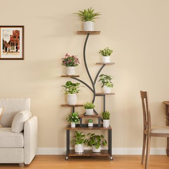 Підставка для рослин HAUSPROFI 154 см, 8-рівнева металева та дерев&39яна полиця для кількох рослин із фіксуючими колесами, декоративні квіткові сходи для саду та балкону - чорна (без лампи для вирощування)