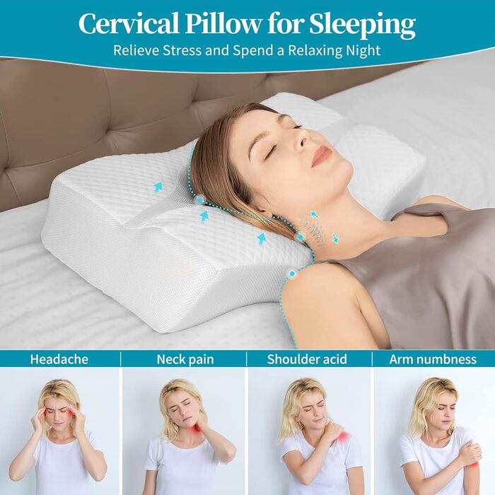Ортопедична подушка для шиї HOMCA, ергономічна подушка з піни з ефектом пам&39яті, ортопедична подушка для підтримки шиї та шийного відділу хребта, біла, 61 x 41 x 9 см/11 см