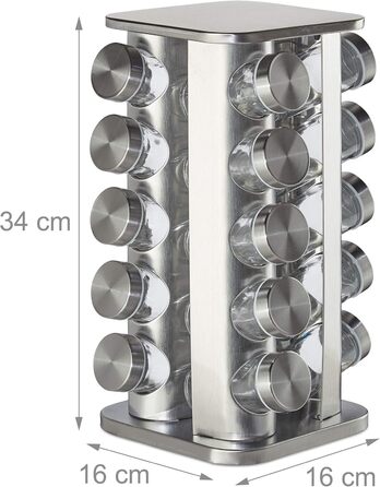 Карусель для спецій Relaxdays з 20 банками для спецій, обертається на 360, нержавіюча сталь, скло, підставка для спецій ВxГ 34 x 19 см, прямокутна, срібляста, 10032728