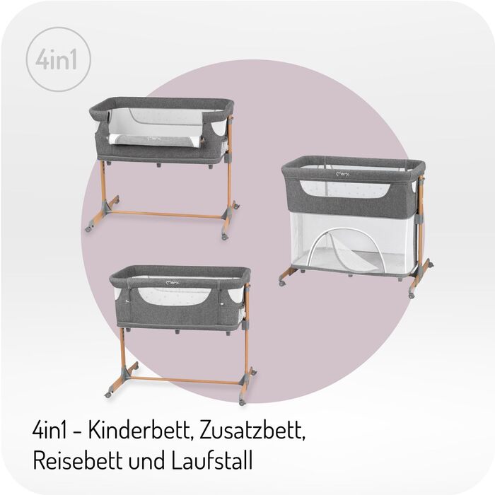 Дитяче ліжечко Momi SMART Bed 4-в-1 до 15 кг, приліжкове ліжечко для немовлят з матрацом, регульована висота, сірого кольору, одномісне