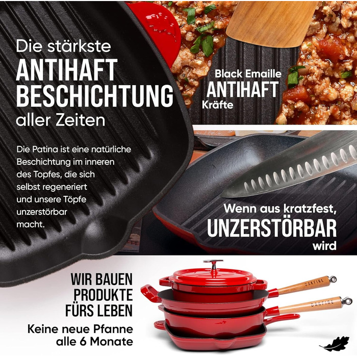 Сковорода-гриль сковорода чавунна емальована 30 см індукційна сковорода чавунна з антипригарною патиною, емаль (червона)