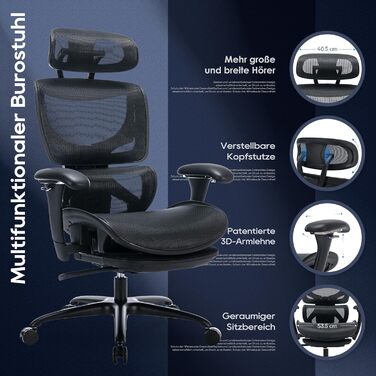 Ергономічне офісне крісло COLAMY з підставкою для ніг крісло керівника з високою спинкою, регульованим підголівником та 3D-підлокітниками дихаюча сітка, динамічна поперекова підтримка, регулювання висоти чорний колір