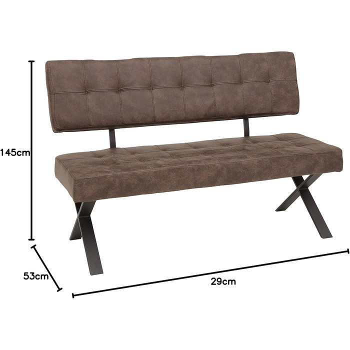 Обідня лавка Donna, зі спинкою, чохол Softex у вінтажному коричневому кольорі, Х-подібний металевий каркас кольору антрацит, 140x693 см Лавка зі спинкою