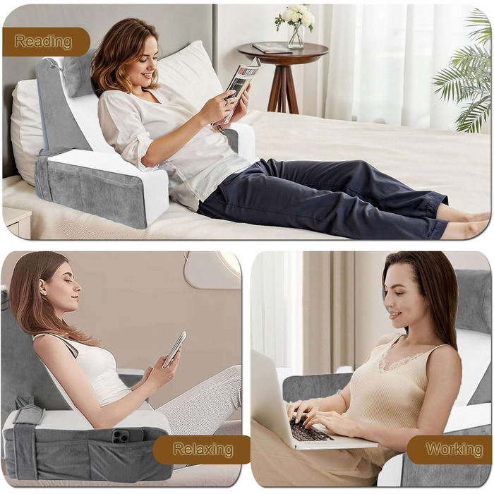 Подушка для читання на ліжку та дивані, подушка для спини, подушка для відпочинку на ліжку зі знімним валиком для шиї та підлокітниками, ергономічна подушка для спини/голови для читання, перегляду телевізора, сидіння та лежання