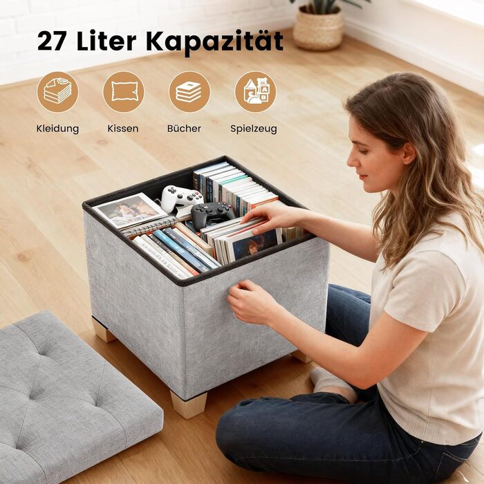 Пуф для зберігання Sweetcrispy, невелика складна лавка, 38 x 38 x 38 см, коробка для зберігання з кришкою як табурет та пуф для ніг, вантажопідйомність до 300 кг, для вітальні, спальні, коридору, світло-сірий