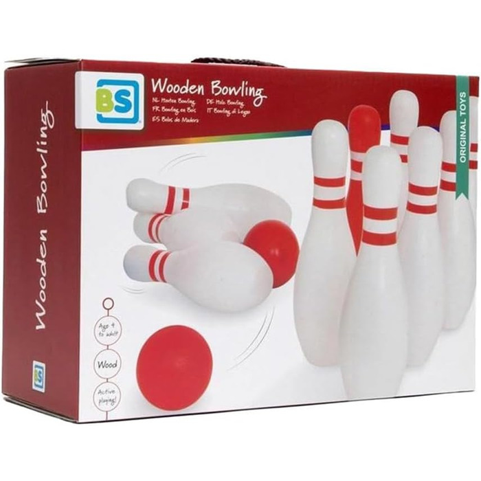 Дерев&39яний боулінг BS Toys - кеглі для дітей та дорослих - для використання в приміщенні та на вулиці - віком від 4 років - настільні ігри - ідеально підходить для дитячих днів народження - високоякісна деревина - червоно-білий набір (один)