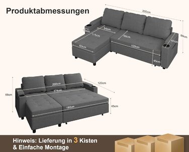 Кутовий диван Devoko зі сном та ящиком для зберігання речей, L-подібний диван, 3-місний розкладний диван-ліжко, лляна кушетка, невеликий розкладний диван для квартири та вітальні, темно-сірий, 200 см - L темно-сірий