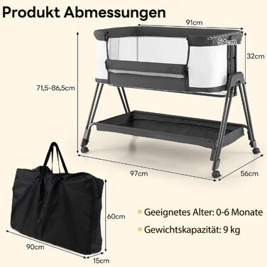 Дитяче ліжечко DREAMADE, 7-рівневе регульоване по висоті дорожнє ліжечко з матрацом та колесами, складне дитяче ліжечко з регульованим кутом нахилу, для дітей 0-6 місяців та вагою до 9 кг (темно-сіре)