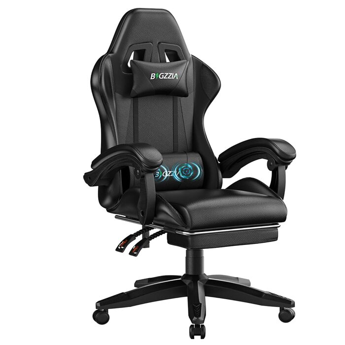 Ігрове крісло bigzzia з функцією масажу та підставкою для ніг, ергономічне ігрове крісло, регульована спинка 90-135, ігрове крісло з масажною поперековою подушкою та підголівником, ігрове крісло, чорне