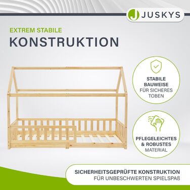 Дитяче ліжко Juskys Marli 90 x 200 см із захистом від падіння, рейковою основою та дахом - Ліжко-будиночок з масиву дерева для дітей - Ліжко натурального коричневого кольору