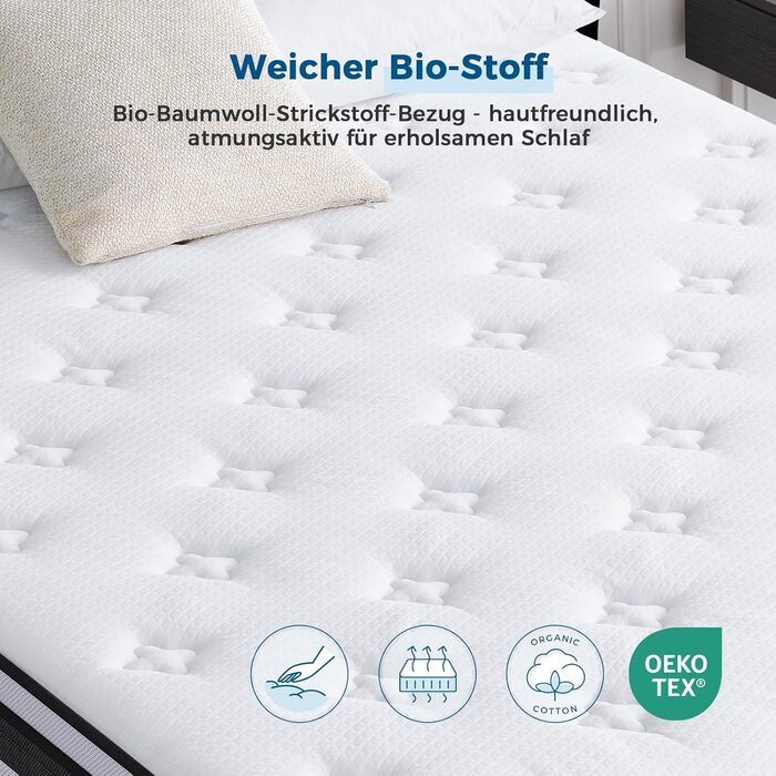 Матрац Inofia H3/H4 180200 28 см - 7-зонний пружинний матрац, пружинний матрац KhlNest у формі кишенькової платформи, сертифікований Oeko-Tex бочковий пружинний матрац у формі кишенькової платформи - 100 ночей пробного сну 180200 см