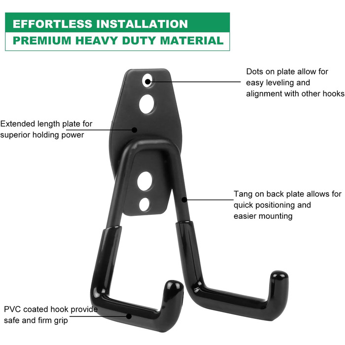 Настінний гачок Гараж Важкий гачок для гаража Настінний гачок Чорний гачок для інструментів Стіна Багаторозмірний гачок для гаража Прогумований для драбини Інструменти Стілець Шланг Велосипеди, 12 шт.