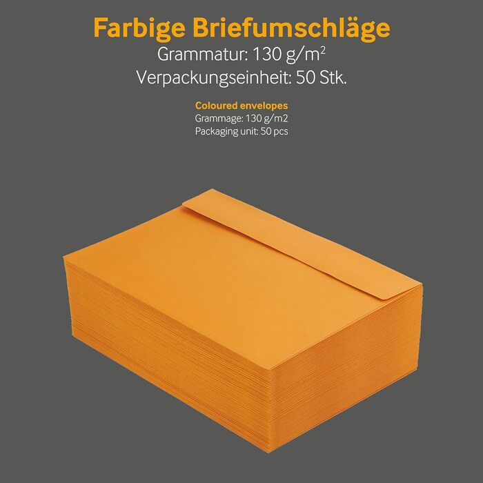 Кольорові конверти, DIN C6/5, Чутливий до тиску клей зі смужками, що відклеюються, Прямий клапан, 130 г/кв. м. Колориста, З вікном, Жовтий, Порожні конверти (вікно DIN C5, помаранчевий-50), 100 шт.