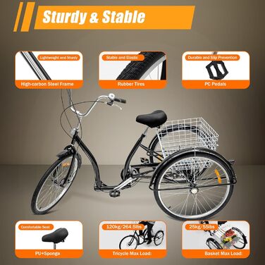 Дюймовий триколісний велосипед для дорослих, міський триколісний велосипед, 6-швидкісний триколісний велосипед, велосипед для відпочинку, триколісний велосипед з кошиком для покупок, протиковзкі та зносостійкі колеса, для покупок, подорожей, пікніків (чор