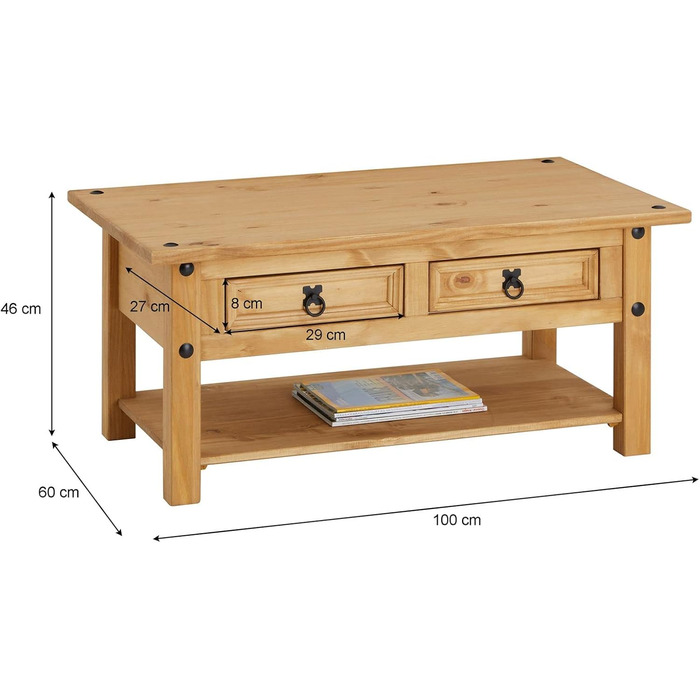 Журнальний столик CARO Furniture IDIMEX Salsa, масив сосни, дві шухляди та полиця, натуральний колір