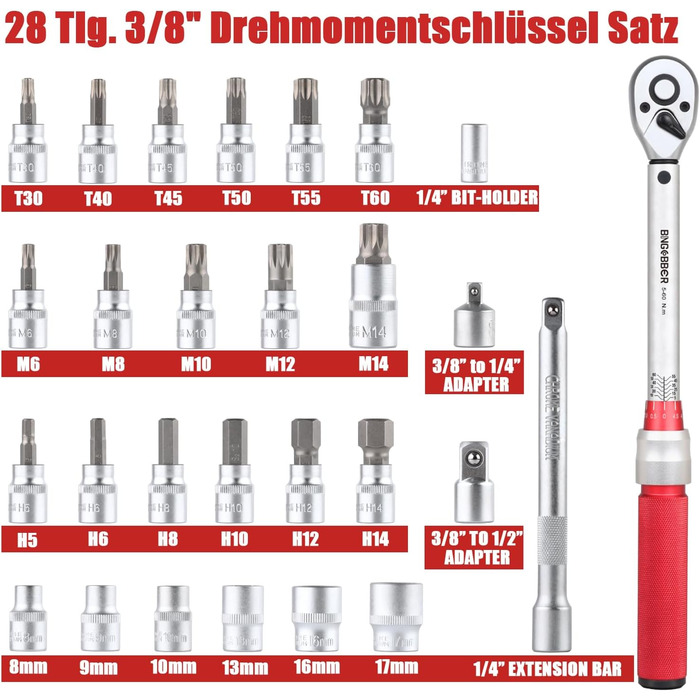 Динамометричний ключ BINGCOBBER 3/8, 5-60NM Набір динамометричних ключів для велосипеда та мотоцикла з багатьма аксесуарами, такими як подовжувач, насадки, вставки для гнізд, адаптер