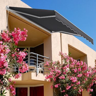 Тент на балкон з кріпленням на скобах, сонцезахисний козирок, складний тент з ручним приводом, сонцезахист, водонепроникний, пилонепроникний, регульована висота (темно-сірий, 3 * 2,5 м) 3 * 2,5 м темно-сірий