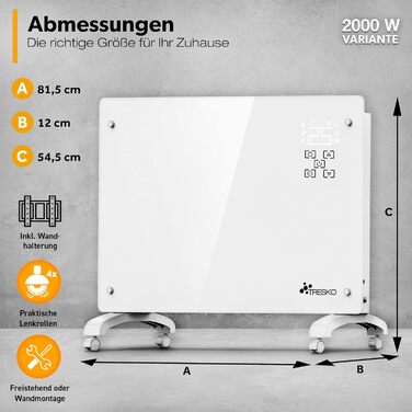 Скляний конвектор TRESKO 2000 Вт із застосунком та функцією WiFi Електричний скляний обігрівач Конвекторний обігрівач зі світлодіодним дисплеєм та таймером Електричний радіатор, окремостоячий або настінний, 2000 Вт, білий / 2000 Вт