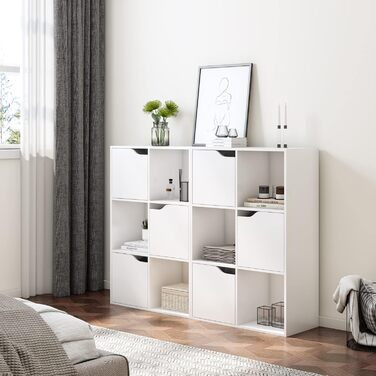 Книжкова полиця FirFurd, біла полиця, книжкова шафа з 3 дверцятами, полиця для зберігання з 6 відділеннями, офісна полиця для вітальні, кабінету, дитячої кімнати, 60 x 29 x 90 см