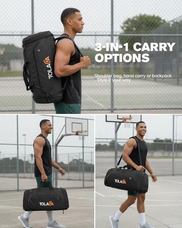 Спортивна сумка Tolaccea 56-70 л для чоловіків та жінок розширювана дорожня сумка з відділенням для взуття та відділенням для вологих речей, яку можна носити як рюкзак, для фітнесу, спортзалу, плавання, футболу, подорожей (чорна)