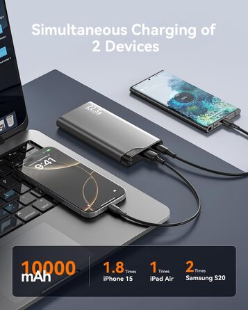 МАг, Powerbank USB C 22,5 Вт, зовнішні батареї для мобільних телефонів зі світлодіодним дисплеєм, портативний зарядний пристрій, сумісний зі смартфонами, планшетами тощо, 10000