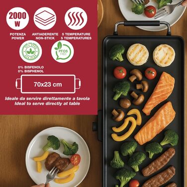 Електричний гриль-теппаньякі BEPER P101BBQ070 XL (70 x 23 см), антипригарне покриття, регульований термостат, термостійкі ручки, піддон для жиру та знімний кабель, 2000 Вт, без BPA та PFOA