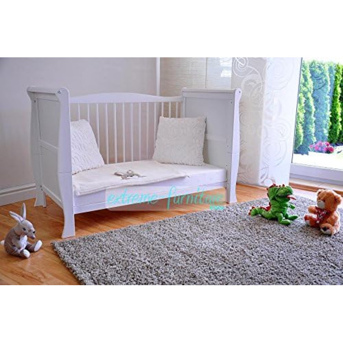 Дитяче ліжечко Marsell, дитяче ліжко, ліжечко для малюків з матрацом з піни алое вера, регульовані поручні для прорізування зубів, біле, трансформується в дитяче ліжко