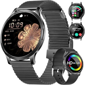 Розумний годинник для жінок, тонкий 1,32-дюймовий HD AMOLED сенсорний екран, чорний, сумісний з iOS та Android, 2 браслети, понад 100 спортивних режимів/калорій/сону/менструального циклу, браслет E-Noir