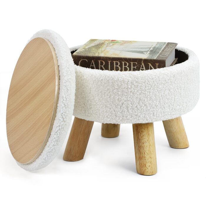 Пуф-підставка для ніг, маленький круглий пуф з місцем для зберігання, пуф з букле плюшевого оксамиту з дерев&39яними ніжками, м&39який пуф з місцем для зберігання для вітальні, спальні, (кремовий) (кремовий)