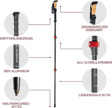 Туристичні палиці Rothwild, модель Rehkitz, телескопічні трекінгові палиці з корковим руків'ям, для чоловіків та жінок, довжина 105-135 см