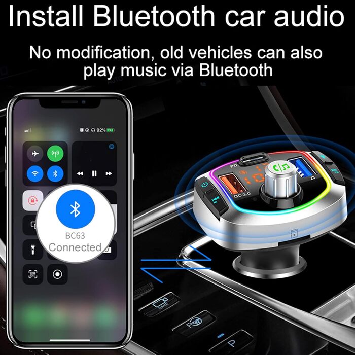 Передавач для автомобільного Bluetooth, автомобільний адаптер LncBoc 7 RGB Bluetooth, автомобільний комплект бездротового FM-радіо, швидкий зарядний пристрій PD 18 Вт і QC3.0, голосовий помічник Siri BC63