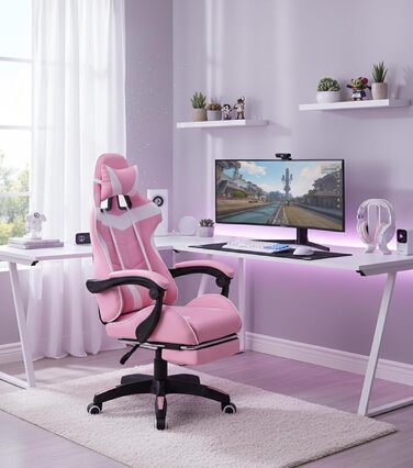 Ігрове крісло VDD Cyclone з підставкою для ніг - Офісне крісло - Гоночне ігрове крісло - Рожево-біле