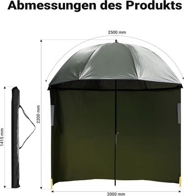 Рибальська парасолька Wiltec 250 см з бічною панеллю та двома оглядовими вікнами, намет-парасолька для захисту від вітру під час риболовлі, рибальська парасолька, рибальський намет-парасолька, сонцезахисний козирок