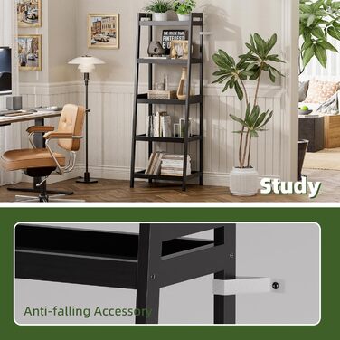 Книжкова полиця, 5-ярусна книжкова полиця-драбина з бамбуковим каркасом, окремостояча висока, вузька полиця для рослин для вітальні, кухні, спальні, балкону, чорна