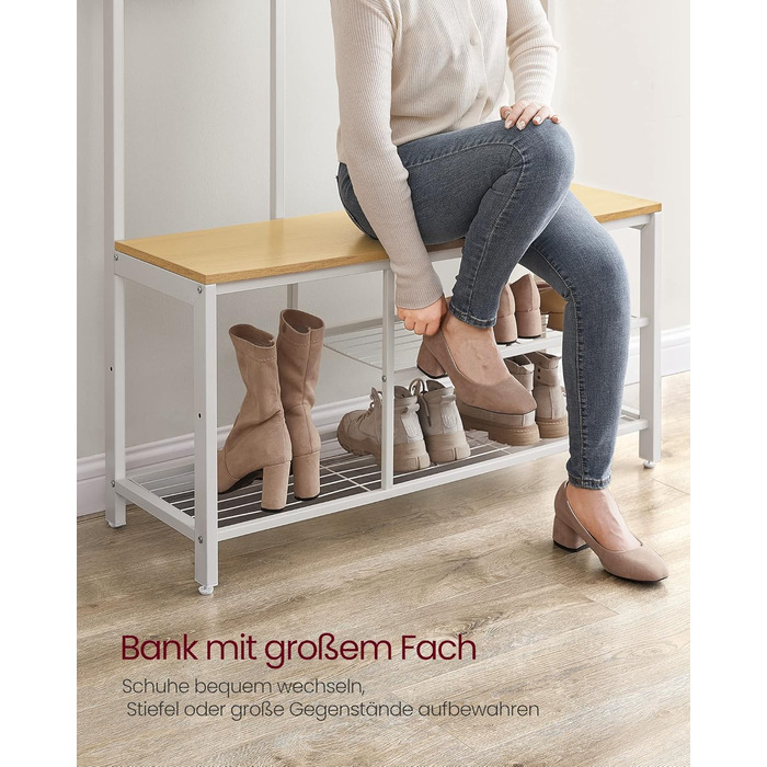 Вішалка для одягу, шафа з гачками, вішалка для одягу з дзеркалом, лавка для взуття та полиці, 36 x 98 x 185 см, для передпокою, спальні, вітальні, дубово-білий HSR050W09 Дуб біла полиця для взуття